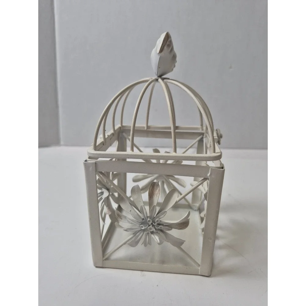 Vintage Shabby Chic White Metal Birdcage Lantern Floral Tea Light Holder 6.5in